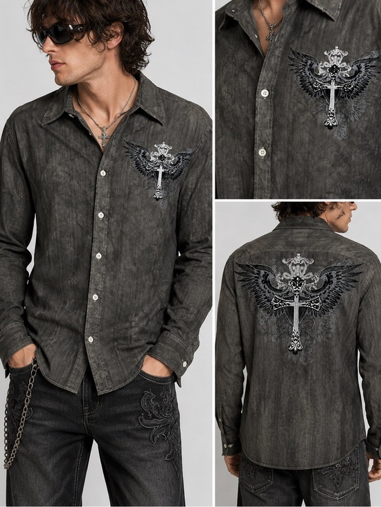 Eighty Eight Other - Eighty Eight XL Gray Acid Wash Cross Wings Button Front Shirt Gothic Y2K